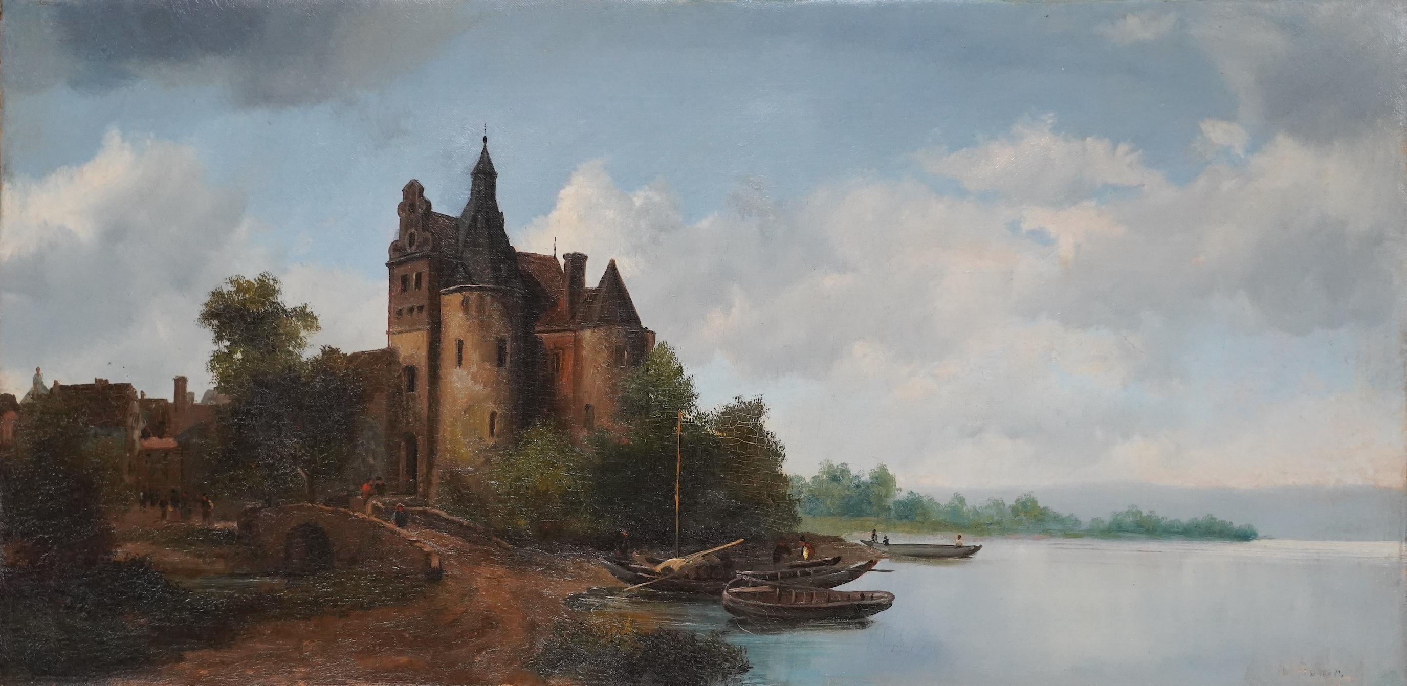 Late 19th century Continental School, pair of oils on canvas, Lakeside landscapes with villages, 31 x 61cm, unframed
